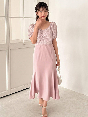 FRIFUL Women's Casual Mid-Length Floral Cutout & Pleated Dress With Drawstring Waist For Summer