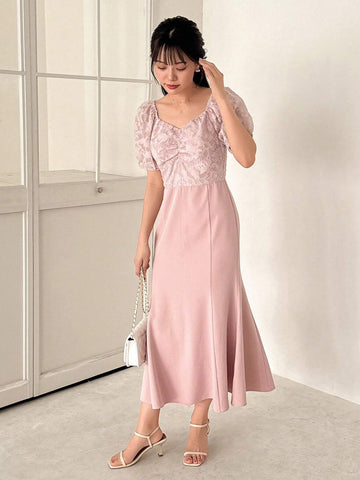 FRIFUL Women's Casual Mid-Length Floral Cutout & Pleated Dress With Drawstring Waist For Summer