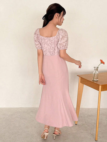 FRIFUL Women's Casual Mid-Length Floral Cutout & Pleated Dress With Drawstring Waist For Summer