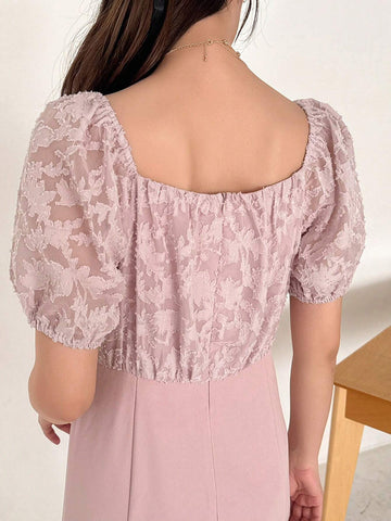 FRIFUL Women's Casual Mid-Length Floral Cutout & Pleated Dress With Drawstring Waist For Summer