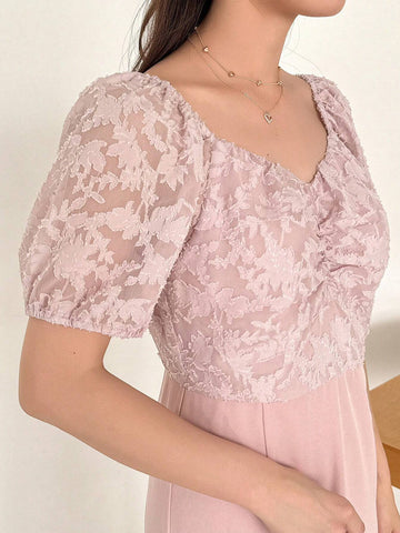 FRIFUL Women's Casual Mid-Length Floral Cutout & Pleated Dress With Drawstring Waist For Summer