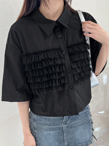 FRIFUL Women's Casual Solid Color Mesh Panel Shirt