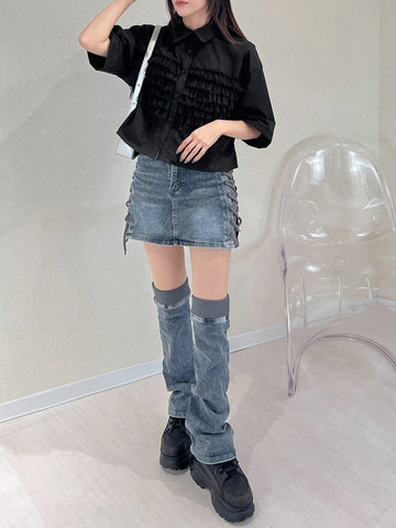 FRIFUL Women's Casual Solid Color Mesh Panel Shirt