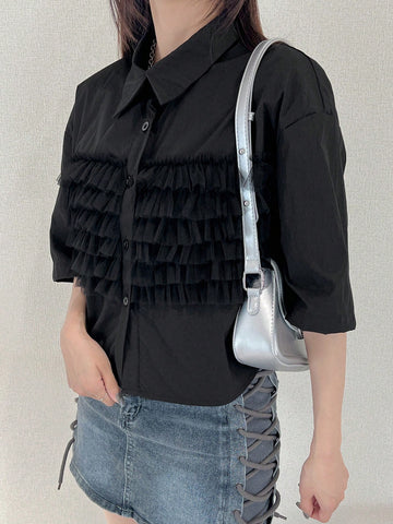 FRIFUL Women's Casual Solid Color Mesh Panel Shirt