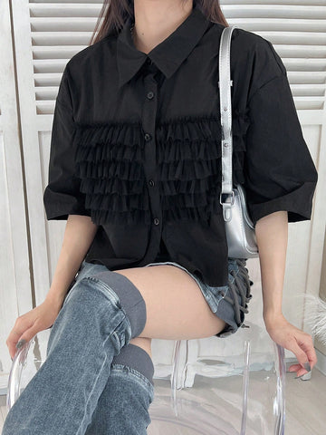 FRIFUL Women's Casual Solid Color Mesh Panel Shirt