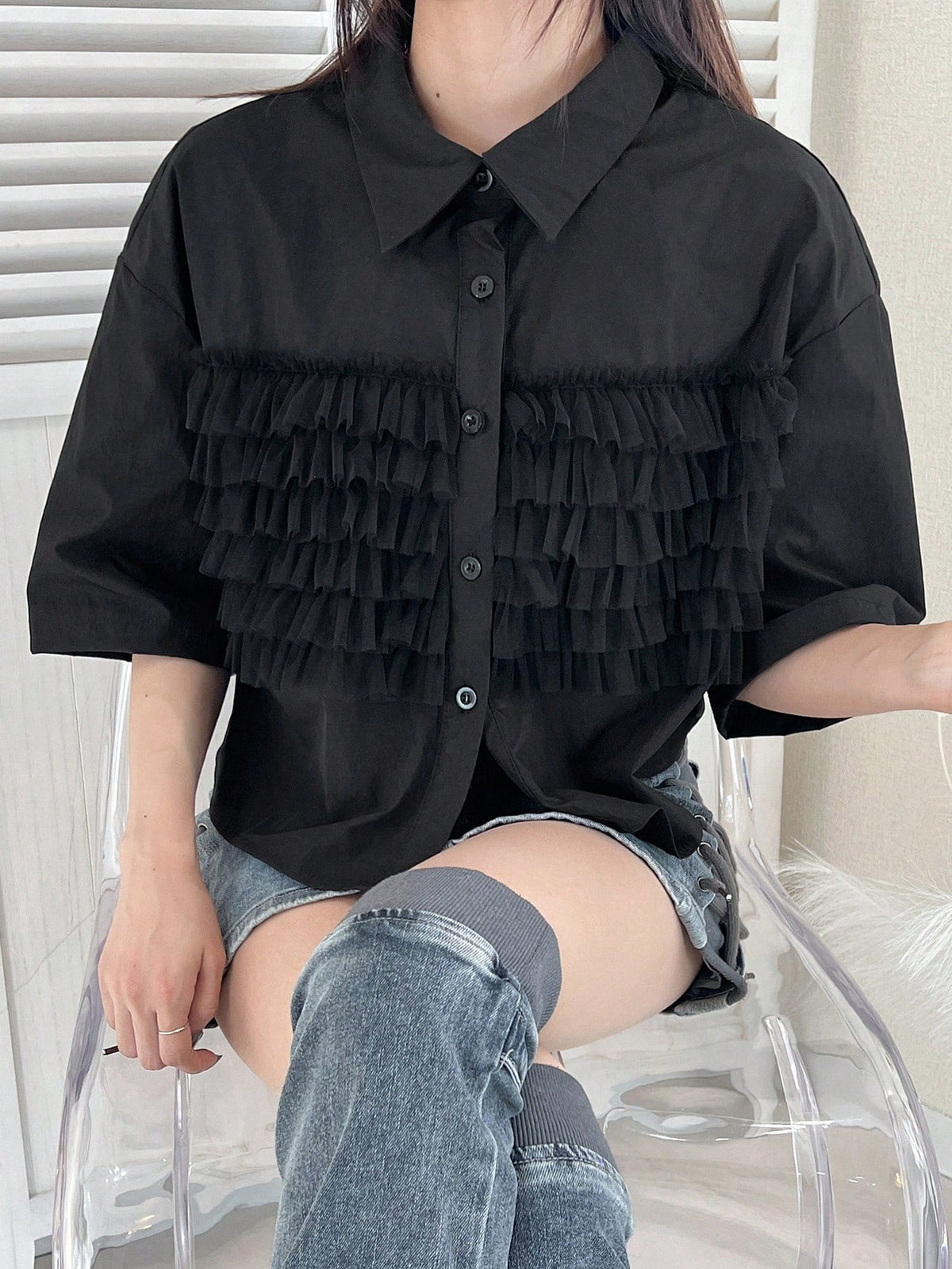 FRIFUL Women's Casual Solid Color Mesh Panel Shirt