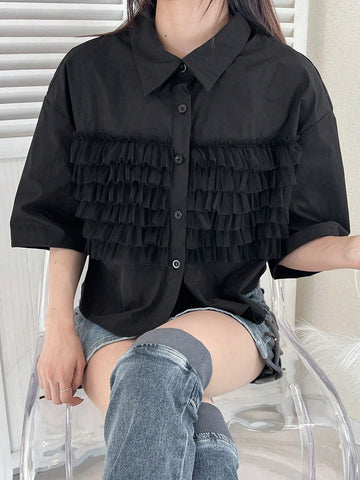 FRIFUL Women's Casual Solid Color Mesh Panel Shirt