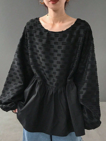 FRIFUL Women's Casual Solid Color Textured Patchwork Shirt For Autumn