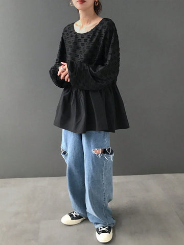 FRIFUL Women's Casual Solid Color Textured Patchwork Shirt For Autumn