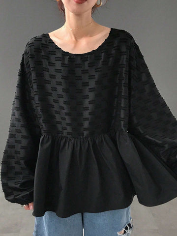 FRIFUL Women's Casual Solid Color Textured Patchwork Shirt For Autumn