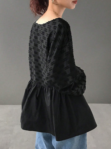 FRIFUL Women's Casual Solid Color Textured Patchwork Shirt For Autumn