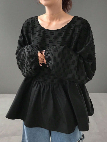 FRIFUL Women's Casual Solid Color Textured Patchwork Shirt For Autumn