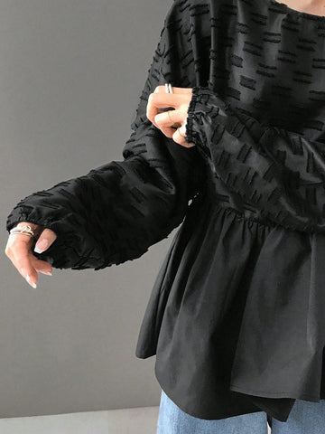 FRIFUL Women's Casual Solid Color Textured Patchwork Shirt For Autumn