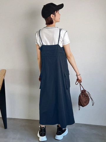 FRIFUL Women's Casual Solid Color Zipper Workwear Cami Dress
