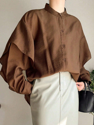 FRIFUL Women's Casual Versatile Ruffle Hem Solid Color Shirt, Suitable For Daily Wear