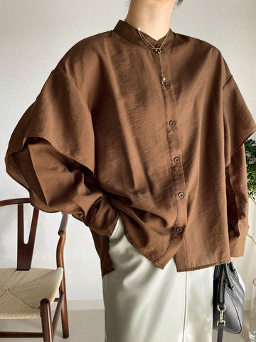 FRIFUL Women's Casual Versatile Ruffle Hem Solid Color Shirt, Suitable For Daily Wear