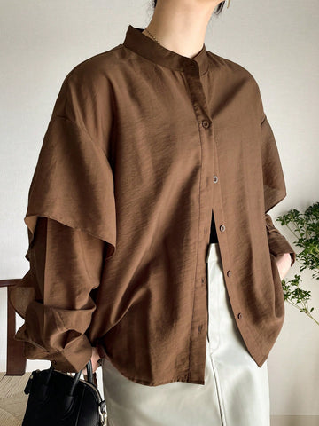 FRIFUL Women's Casual Versatile Ruffle Hem Solid Color Shirt, Suitable For Daily Wear