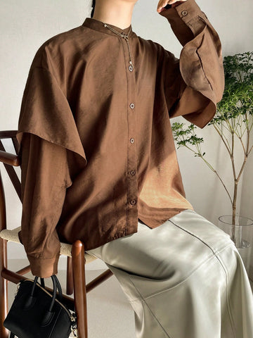 FRIFUL Women's Casual Versatile Ruffle Hem Solid Color Shirt, Suitable For Daily Wear