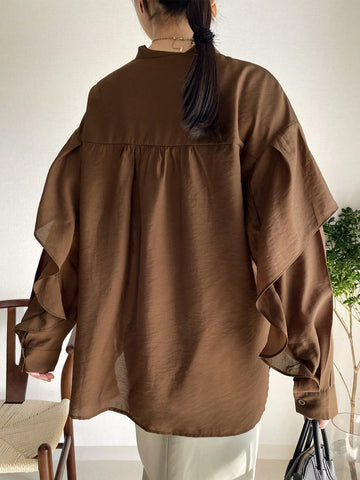 FRIFUL Women's Casual Versatile Ruffle Hem Solid Color Shirt, Suitable For Daily Wear