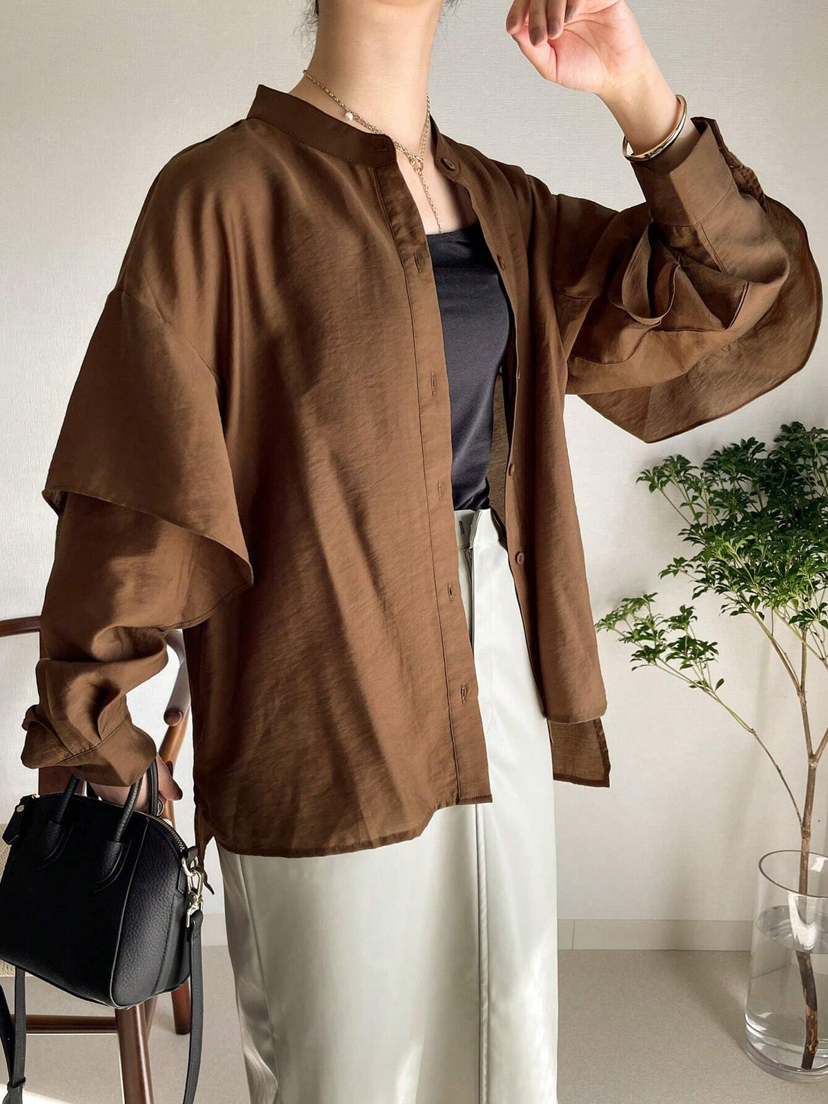 FRIFUL Women's Casual Versatile Ruffle Hem Solid Color Shirt, Suitable For Daily Wear