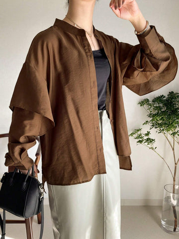 FRIFUL Women's Casual Versatile Ruffle Hem Solid Color Shirt, Suitable For Daily Wear