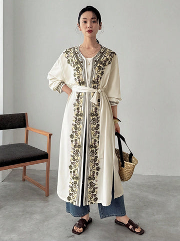 FRIFUL Women's Cinched Waist Floral Decorated Long Cardigan Shirt With Bow Tie, Suitable For Summer Vacation Wear