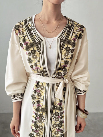 FRIFUL Women's Cinched Waist Floral Decorated Long Cardigan Shirt With Bow Tie, Suitable For Summer Vacation Wear