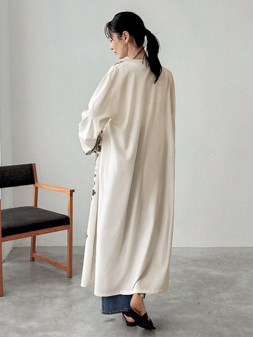 FRIFUL Women's Cinched Waist Floral Decorated Long Cardigan Shirt With Bow Tie, Suitable For Summer Vacation Wear