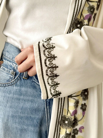 FRIFUL Women's Cinched Waist Floral Decorated Long Cardigan Shirt With Bow Tie, Suitable For Summer Vacation Wear