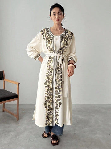 FRIFUL Women's Cinched Waist Floral Decorated Long Cardigan Shirt With Bow Tie, Suitable For Summer Vacation Wear