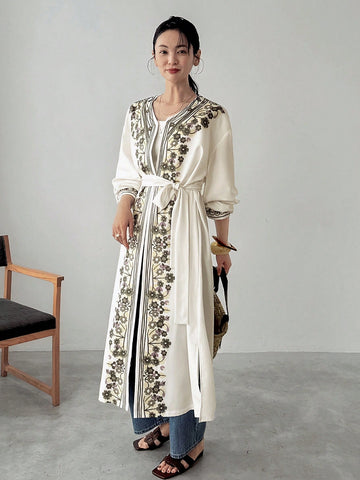 FRIFUL Women's Cinched Waist Floral Decorated Long Cardigan Shirt With Bow Tie, Suitable For Summer Vacation Wear