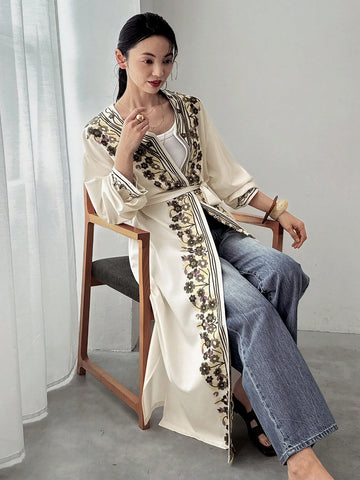 FRIFUL Women's Cinched Waist Floral Decorated Long Cardigan Shirt With Bow Tie, Suitable For Summer Vacation Wear