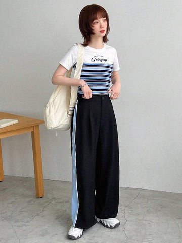 FRIFUL Women's Colorblock Pleated Casual Trousers