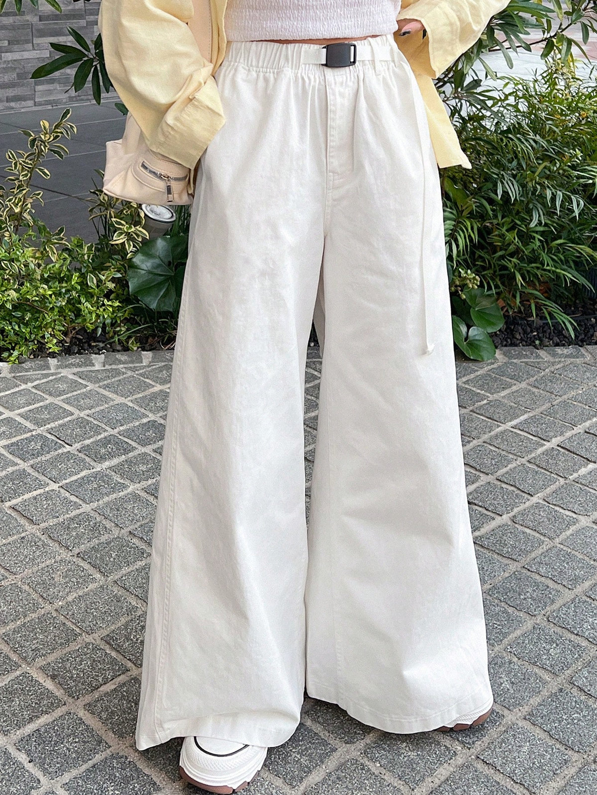 FRIFUL Women's Elastic Waist Pocket Wide Leg Loose Casual Pants