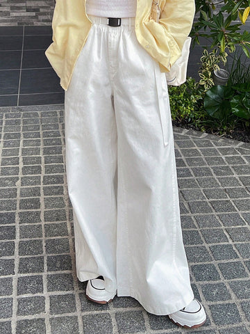 FRIFUL Women's Elastic Waist Pocket Wide Leg Loose Casual Pants