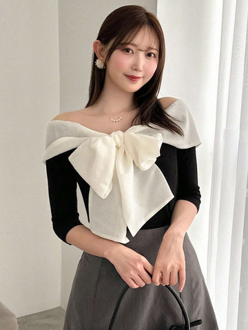 Women's Elegant Color Block Off Shoulder Bow Decorated Slim Fit T-Shirt, Spring/Summer