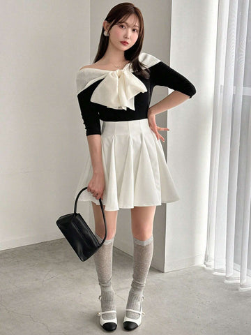 Women's Elegant Color Block Off Shoulder Bow Decorated Slim Fit T-Shirt, Spring/Summer