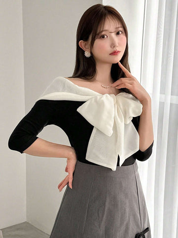 Women's Elegant Color Block Off Shoulder Bow Decorated Slim Fit T-Shirt, Spring/Summer