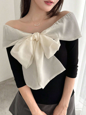 Women's Elegant Color Block Off Shoulder Bow Decorated Slim Fit T-Shirt, Spring/Summer
