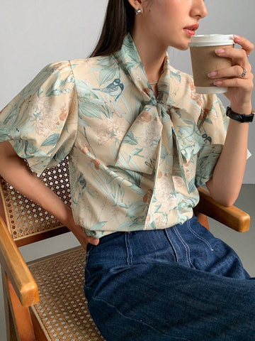FRIFUL Women's Elegant Floral Print Puff Sleeve Knotted Collar Blouse