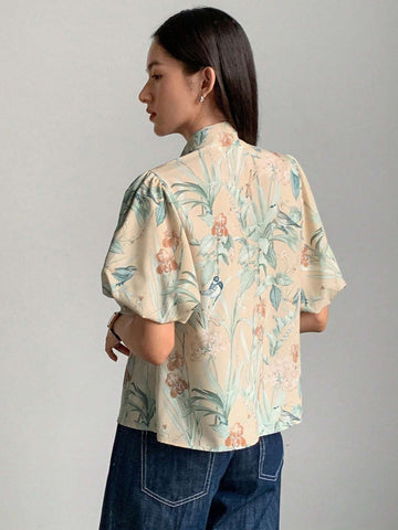 FRIFUL Women's Elegant Floral Print Puff Sleeve Knotted Collar Blouse