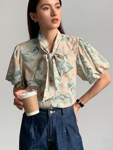 FRIFUL Women's Elegant Floral Print Puff Sleeve Knotted Collar Blouse