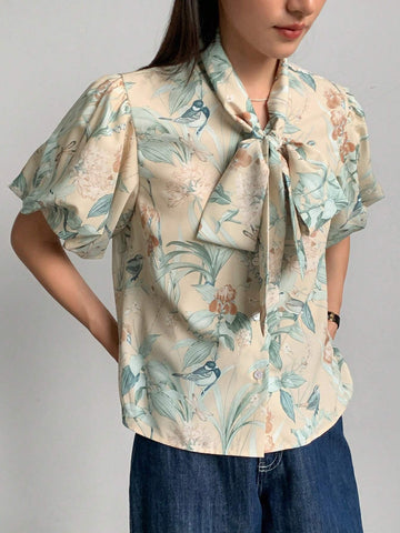 FRIFUL Women's Elegant Floral Print Puff Sleeve Knotted Collar Blouse