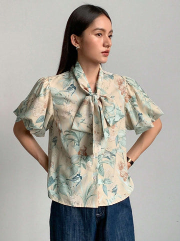 FRIFUL Women's Elegant Floral Print Puff Sleeve Knotted Collar Blouse