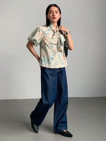 FRIFUL Women's Elegant Floral Print Puff Sleeve Knotted Collar Blouse