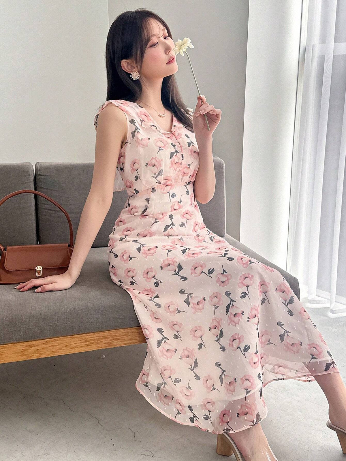 FRIFUL Women's Elegant Floral Print V-Neck Sleeveless Midi Dress For Summer