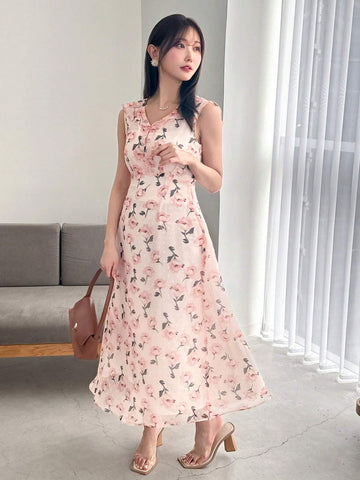 FRIFUL Women's Elegant Floral Print V-Neck Sleeveless Midi Dress For Summer