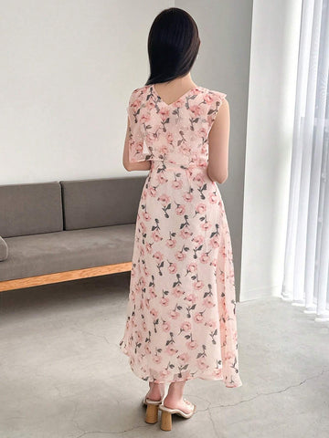 FRIFUL Women's Elegant Floral Print V-Neck Sleeveless Midi Dress For Summer