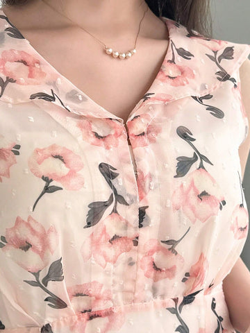 FRIFUL Women's Elegant Floral Print V-Neck Sleeveless Midi Dress For Summer