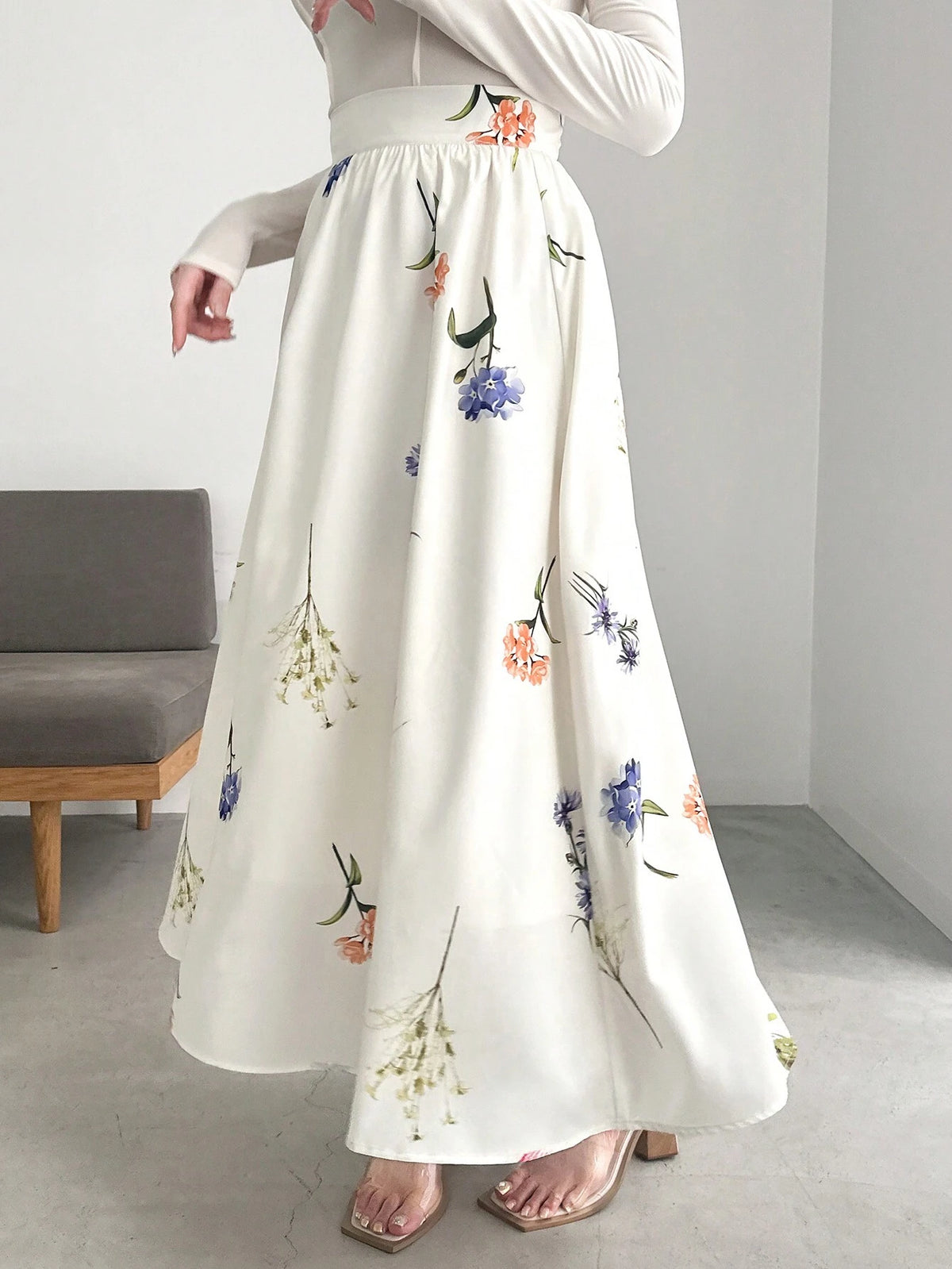 FRIFUL Women's Elegant Floral Printed Long A-Line Skirt, Summer